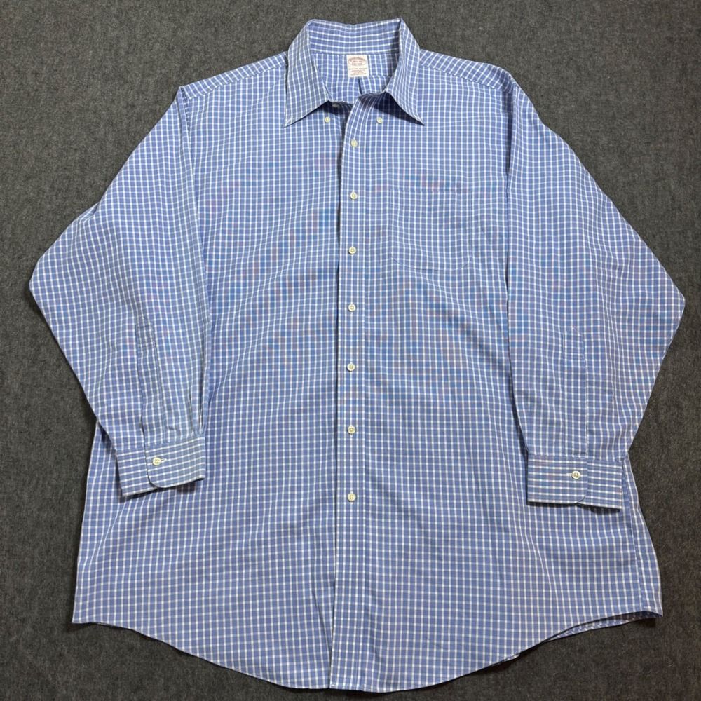 Brooks Brothers Traditional Fit Non-Iron Gingham Shirt Blue White 18.5 34